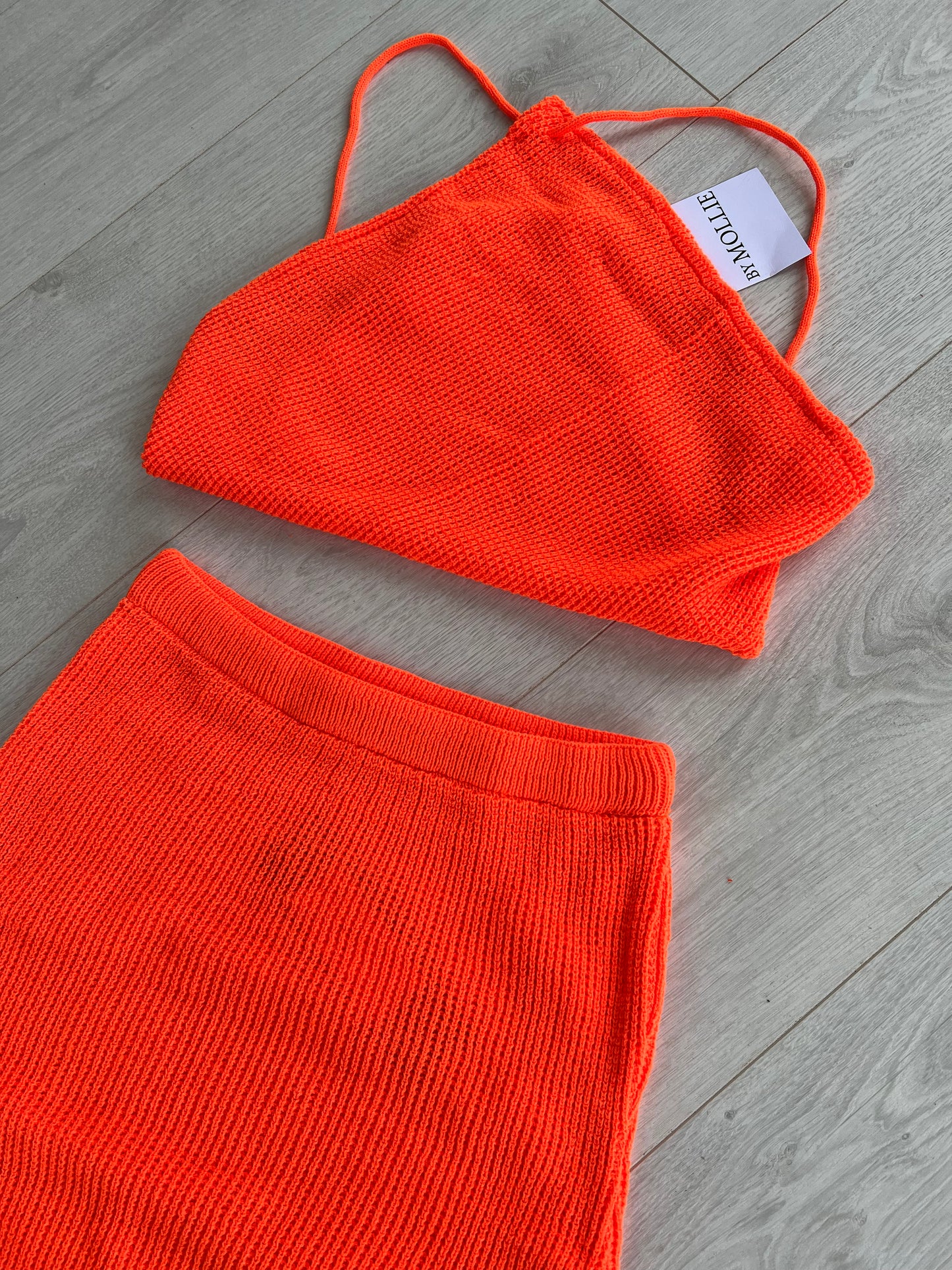 ORANGE KNIT HALTER CROP TOP AND MINI SKIRT CO-ORD