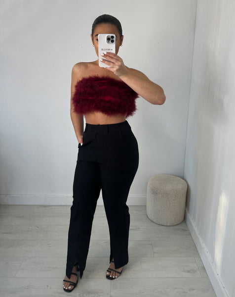 WINE RED FEATHER BUST BANDEAU CROP TOP