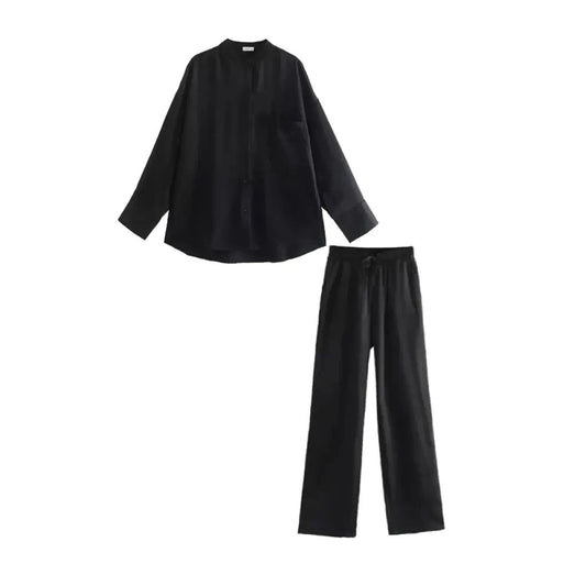 BLACK SATIN OVERSIZED SHIRT AND TROUSER CO-ORD