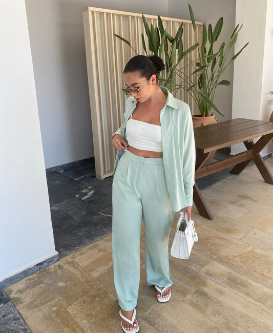 SAGE GREEN SATIN SHIRT AND FLARE TROUSER CO-ORD