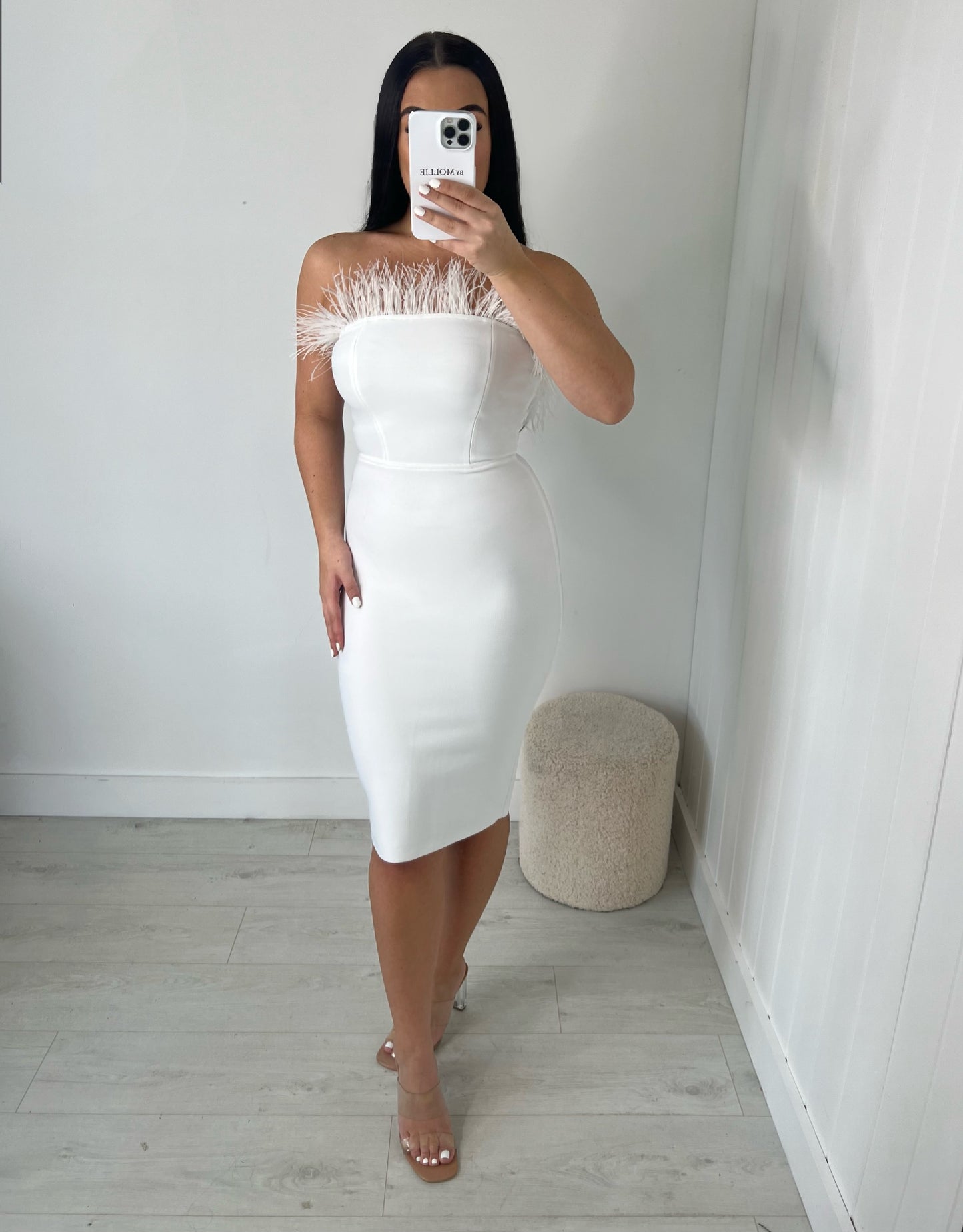 WHITE FEATHER BUST BANDAGE MIDI DRESS