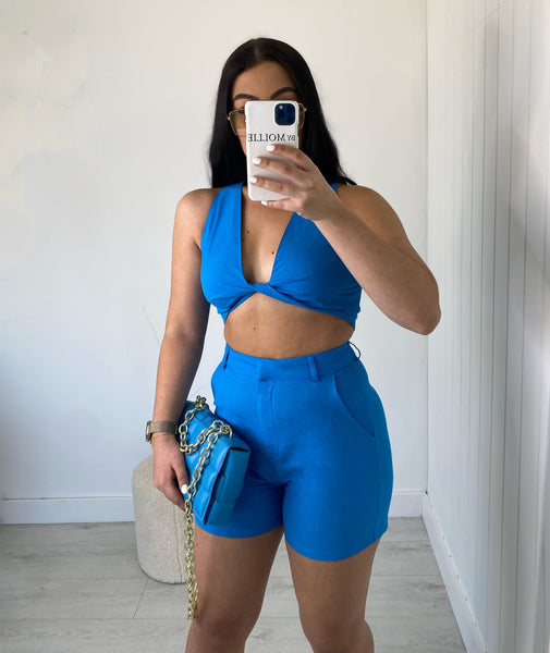 BLUE LINEN BLEND CROP TOP AND SHORTS CO-ORD