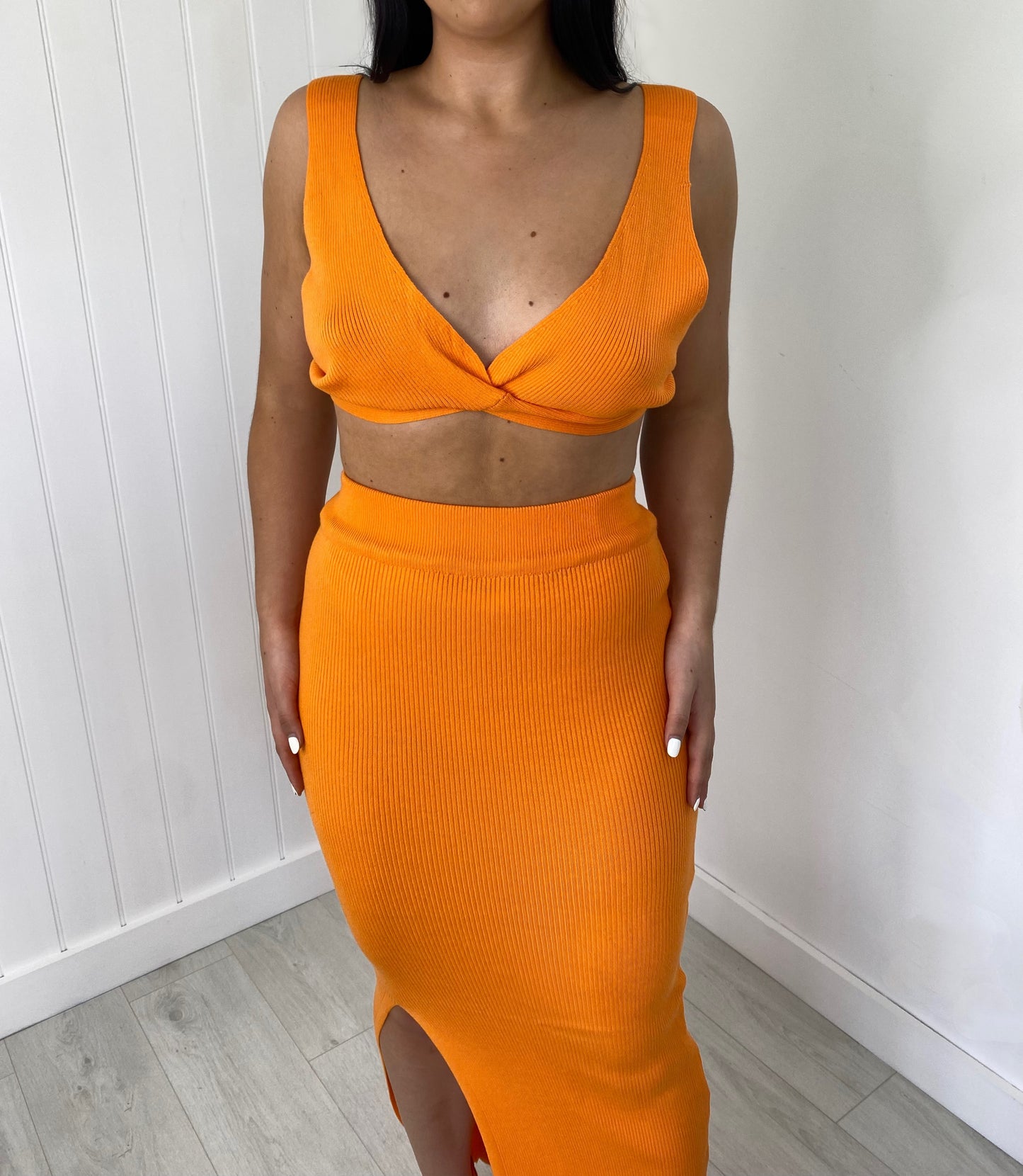 ORANGE KNIT BRALET AND SLIT LEG MAXI SKIRT