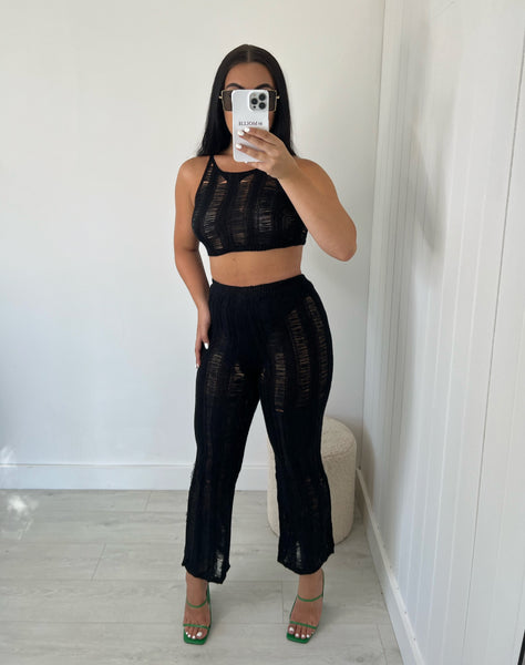 DISTRESSED KNIT CROP TOP AND TROUSER CO-ORD