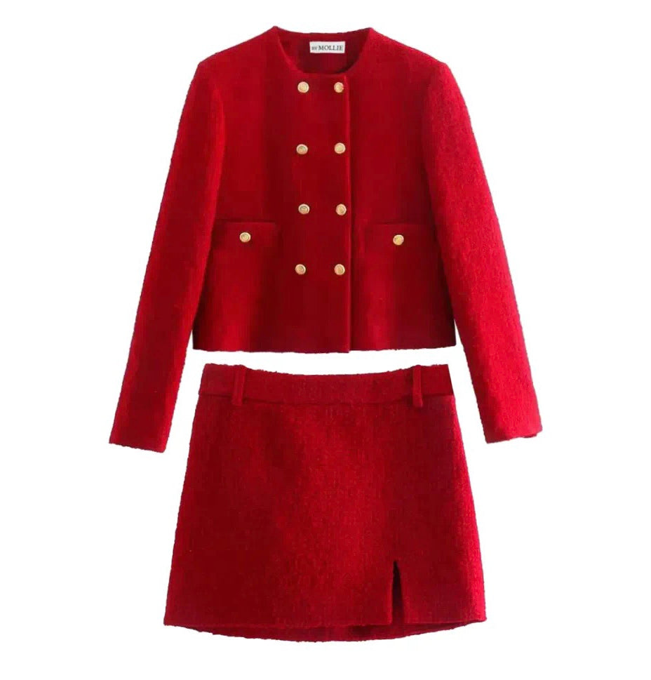 RED TWEED CROP BLAZER AND MINI SKIRT CO-ORD