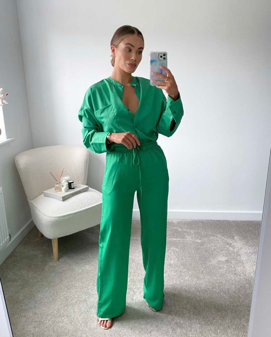 GREEN SATIN OVERSIZED SHIRT AND TROUSER CO-ORD