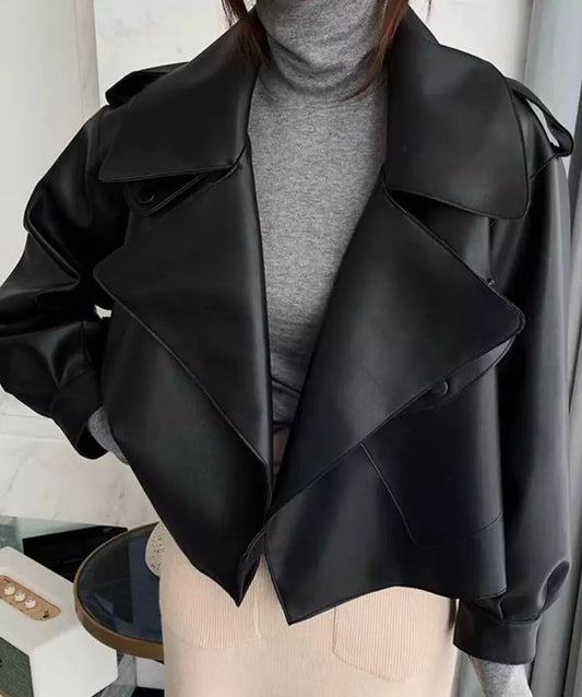 BLACK OVERSIZED VEGAN LEATHER JACKET