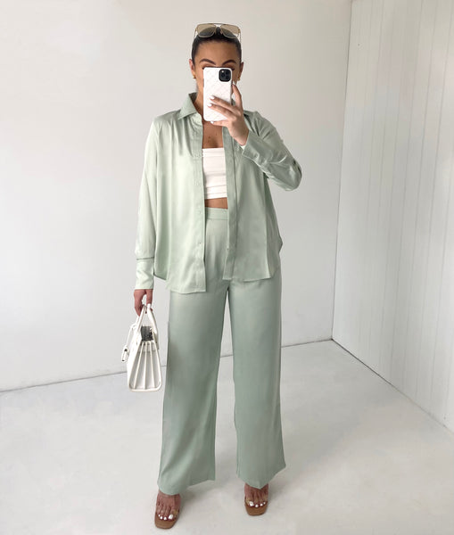 SAGE GREEN SATIN SHIRT AND FLARE TROUSER CO-ORD