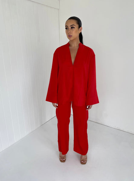 RED V-NECK BLOUSE AND FLARE TROUSER CO-ORD