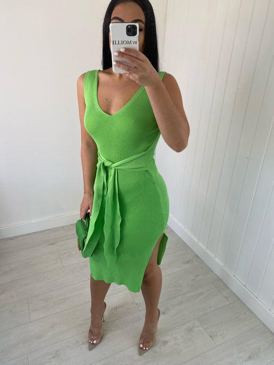 LIME GREEN V-NECK KNIT TIE FRONT MIDI DRESS
