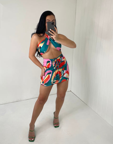 MULTICOLOUR PRINT WRAP CROP TOP AND RUCHED MINI SKIRT CO-ORD