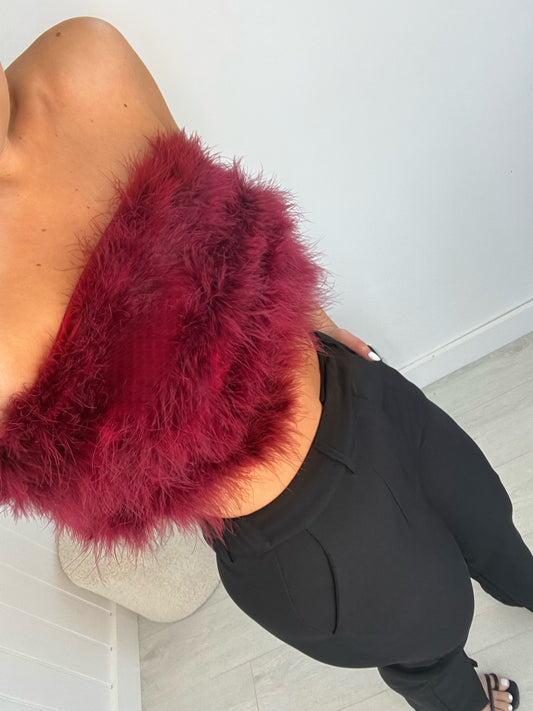 WINE RED FEATHER BUST BANDEAU CROP TOP