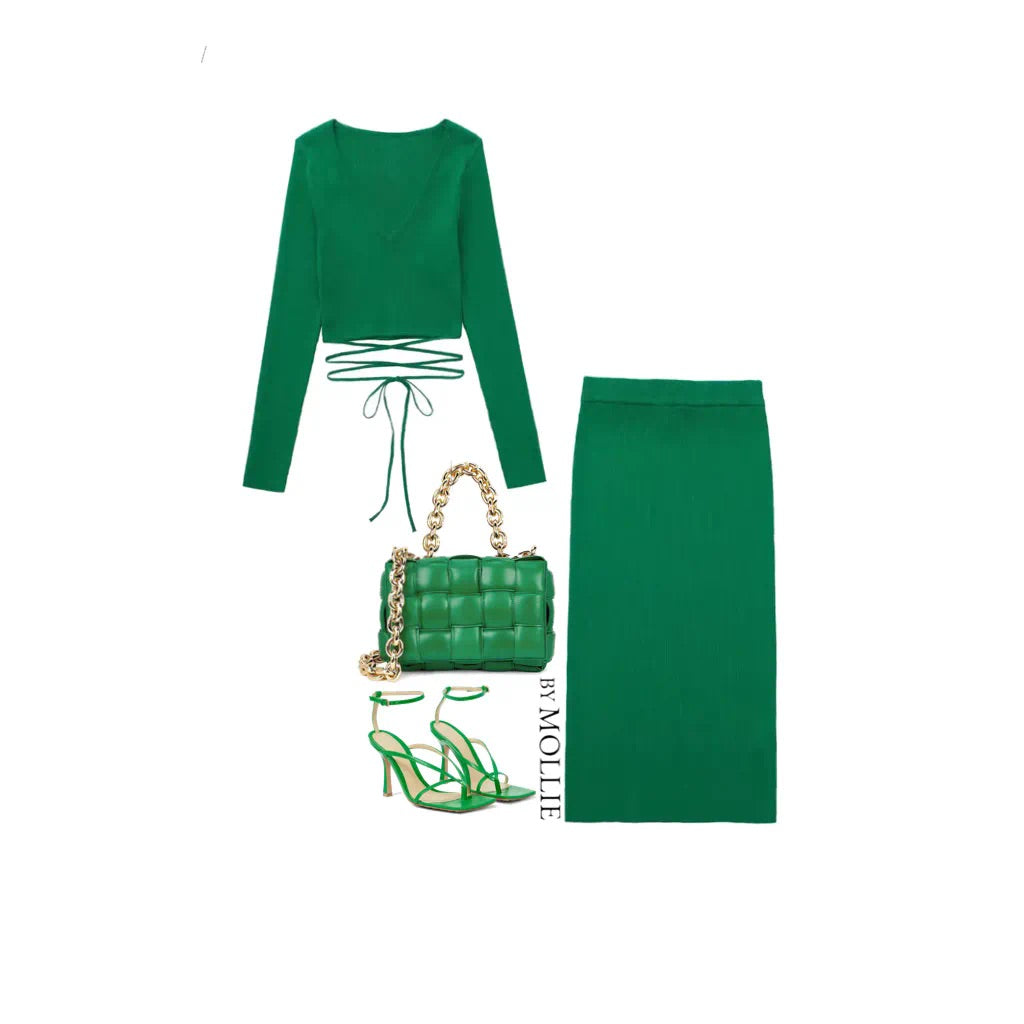 GREEN LONG SLEEVE KNIT TOP AND SKIRT CO-ORD