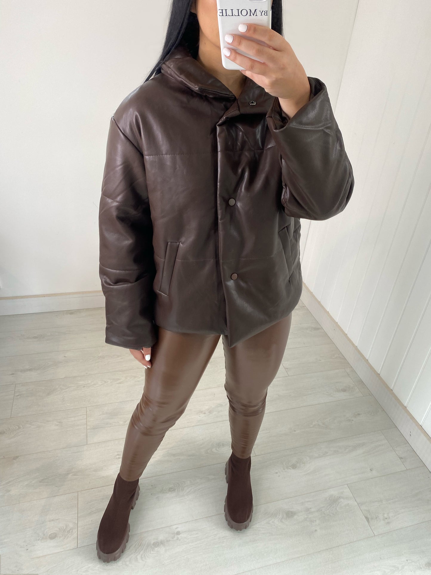 BROWN FAUX LEATHER PUFFER COAT