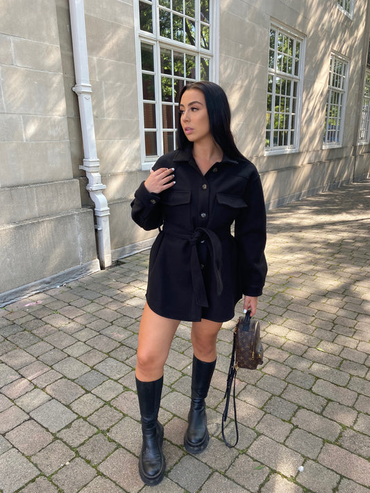BLACK BELTED WOOL LOOK SHACKET OVERSHIRT