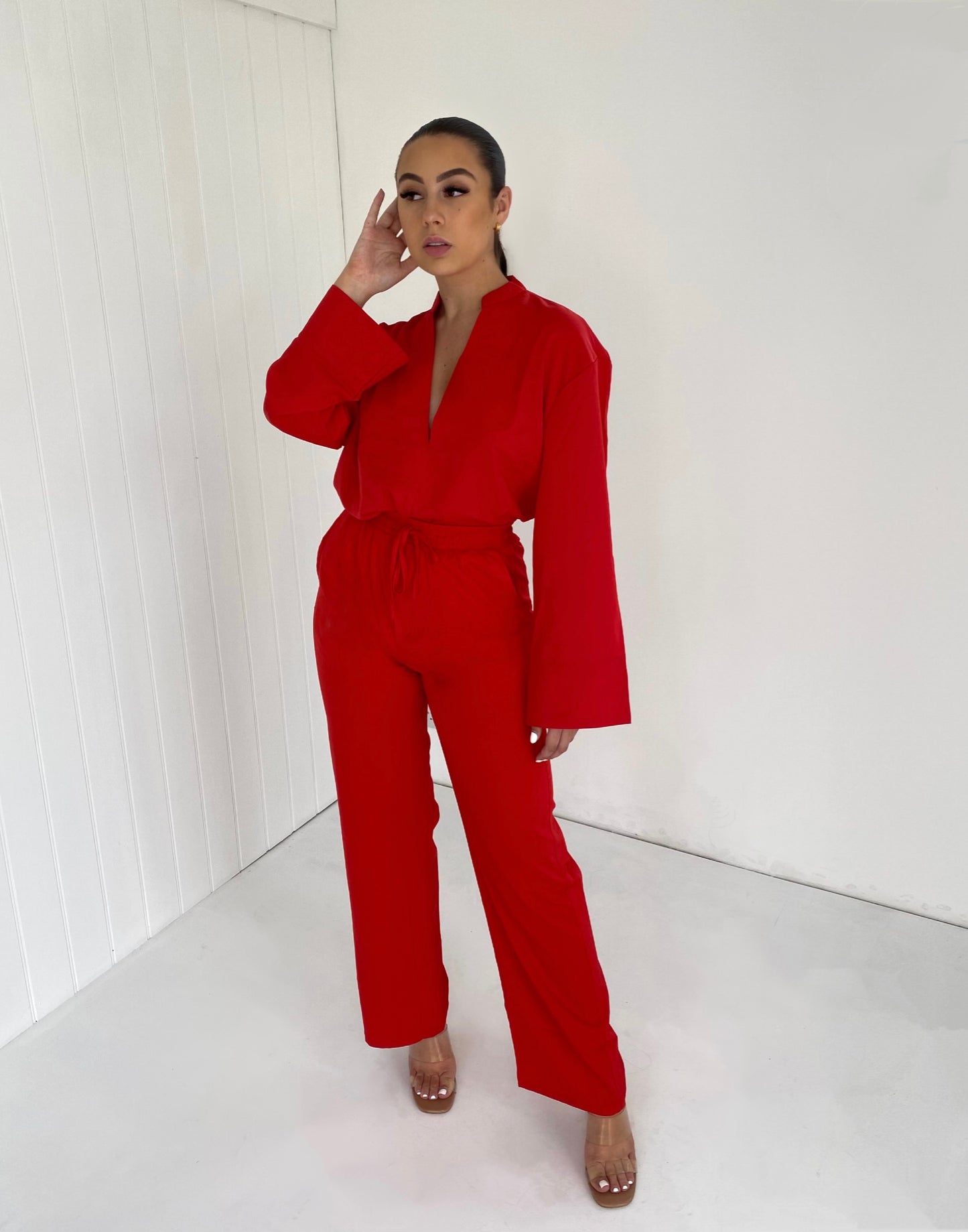 RED V-NECK BLOUSE AND FLARE TROUSER CO-ORD