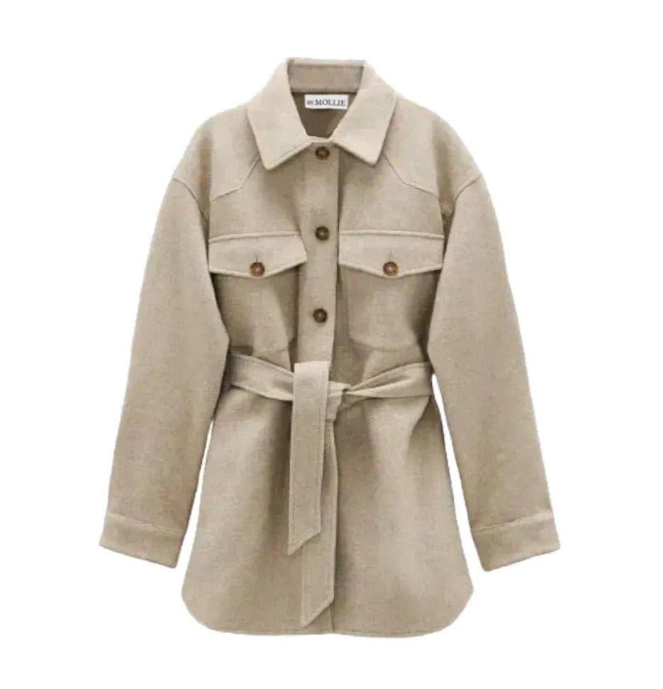 BEIGE BELTED WOOL LOOK SHACKET OVERSHIRT