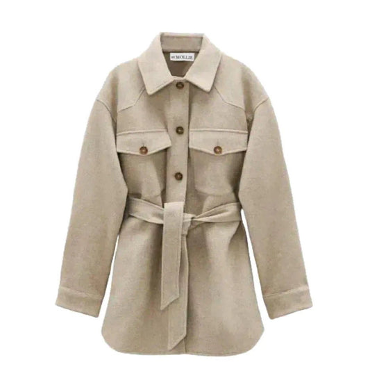 BEIGE BELTED WOOL LOOK SHACKET OVERSHIRT