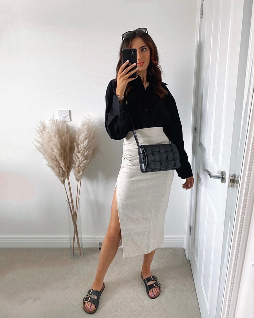 BEIGE LINEN BLEND CROP SHIRT AND SIDE SPLIT MIDI SKIRT CO-ORD