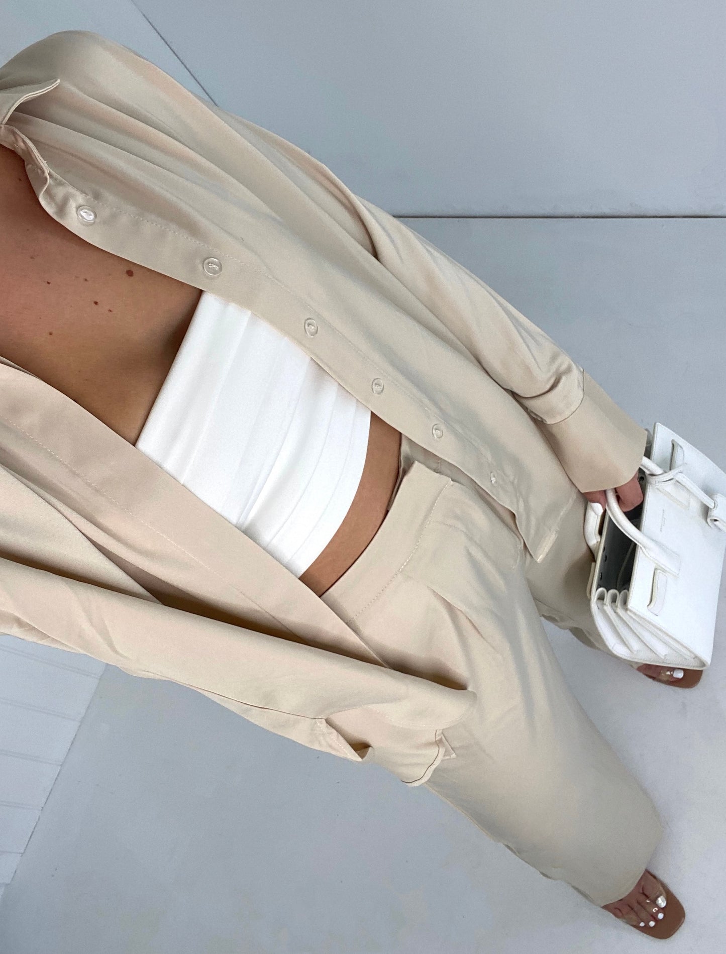 BEIGE SATIN SHIRT AND FLARE TROUSER CO-ORD