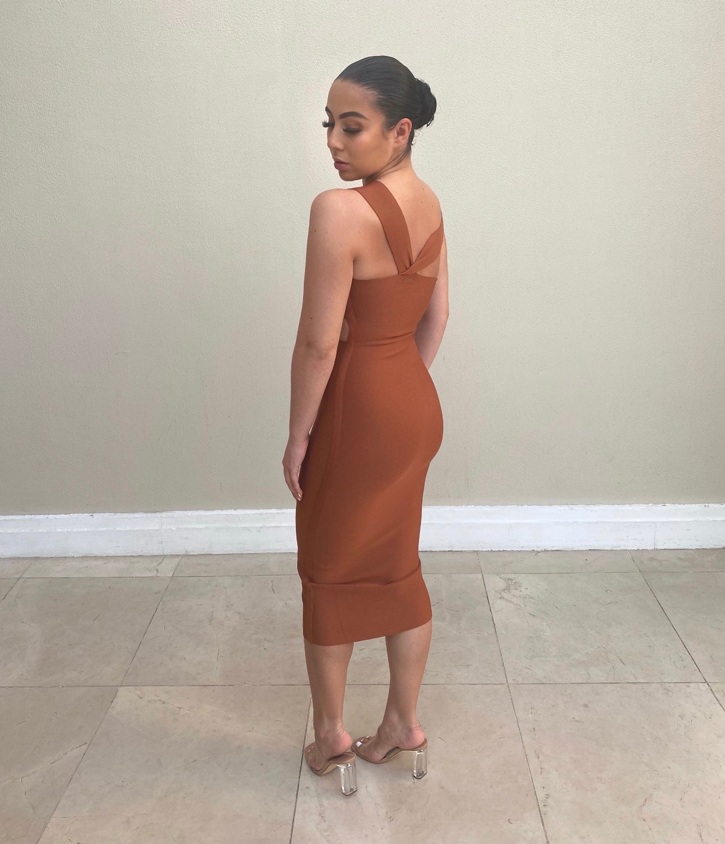 BRONZE BANDAGE CUT OUT MIDI DRESS