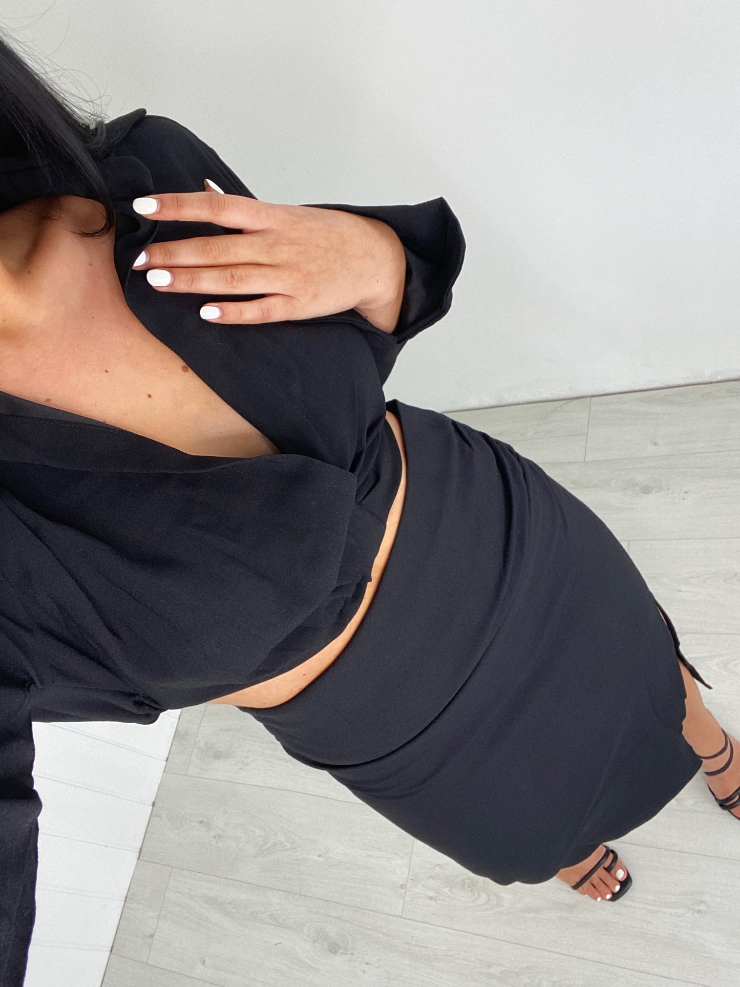 BLACK CROP SHIRT AND SIDE SPLIT MIDI SKIRT CO-ORD