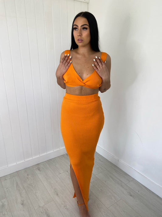 ORANGE KNIT BRALET AND SLIT LEG MAXI SKIRT