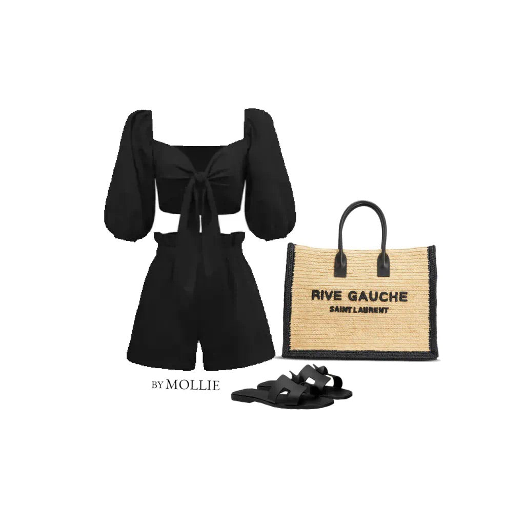 BLACK TIE FRONT CROP BLOUSE AND SHORTS CO-ORD