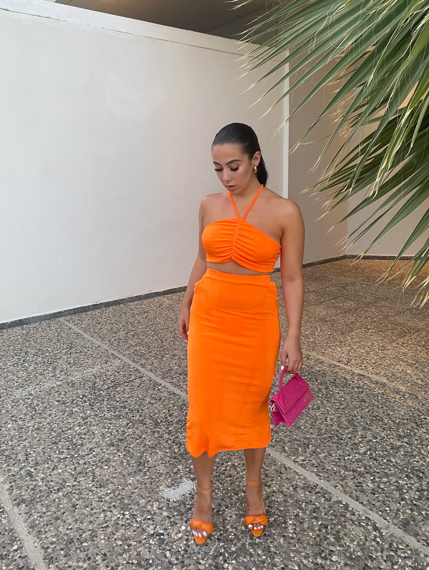 ORANGE SHEER RUCHED CROP TOP AND SPLIT BACK MIDI SKIRT