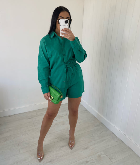 LINEN BLEND GREEN OVERSIZED SHIRT AND SHORTS CO-ORD
