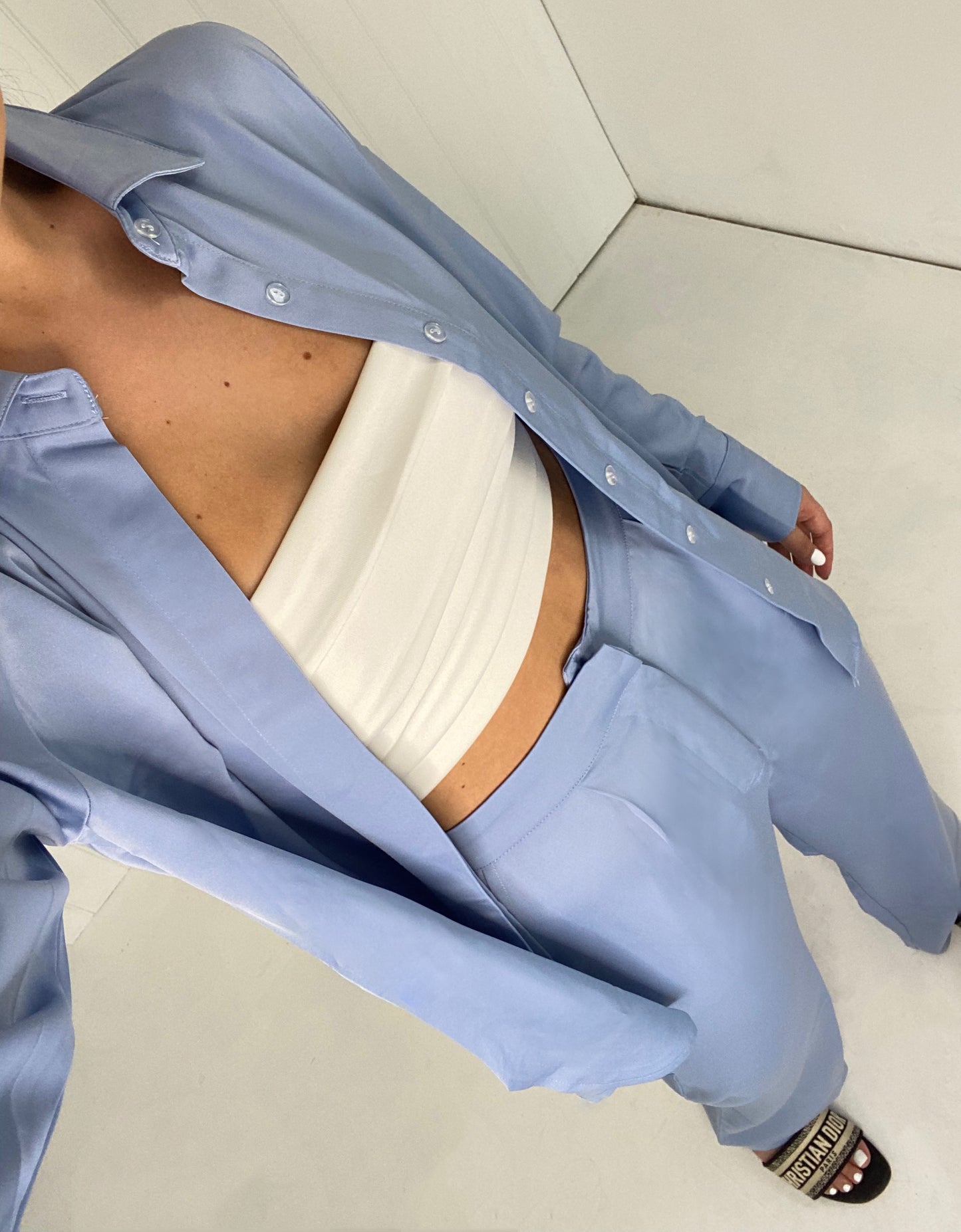 BLUE SATIN SHIRT AND FLARE TROUSER CO-ORD
