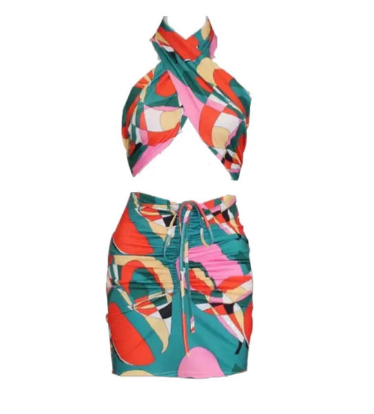 MULTICOLOUR PRINT WRAP CROP TOP AND RUCHED MINI SKIRT CO-ORD