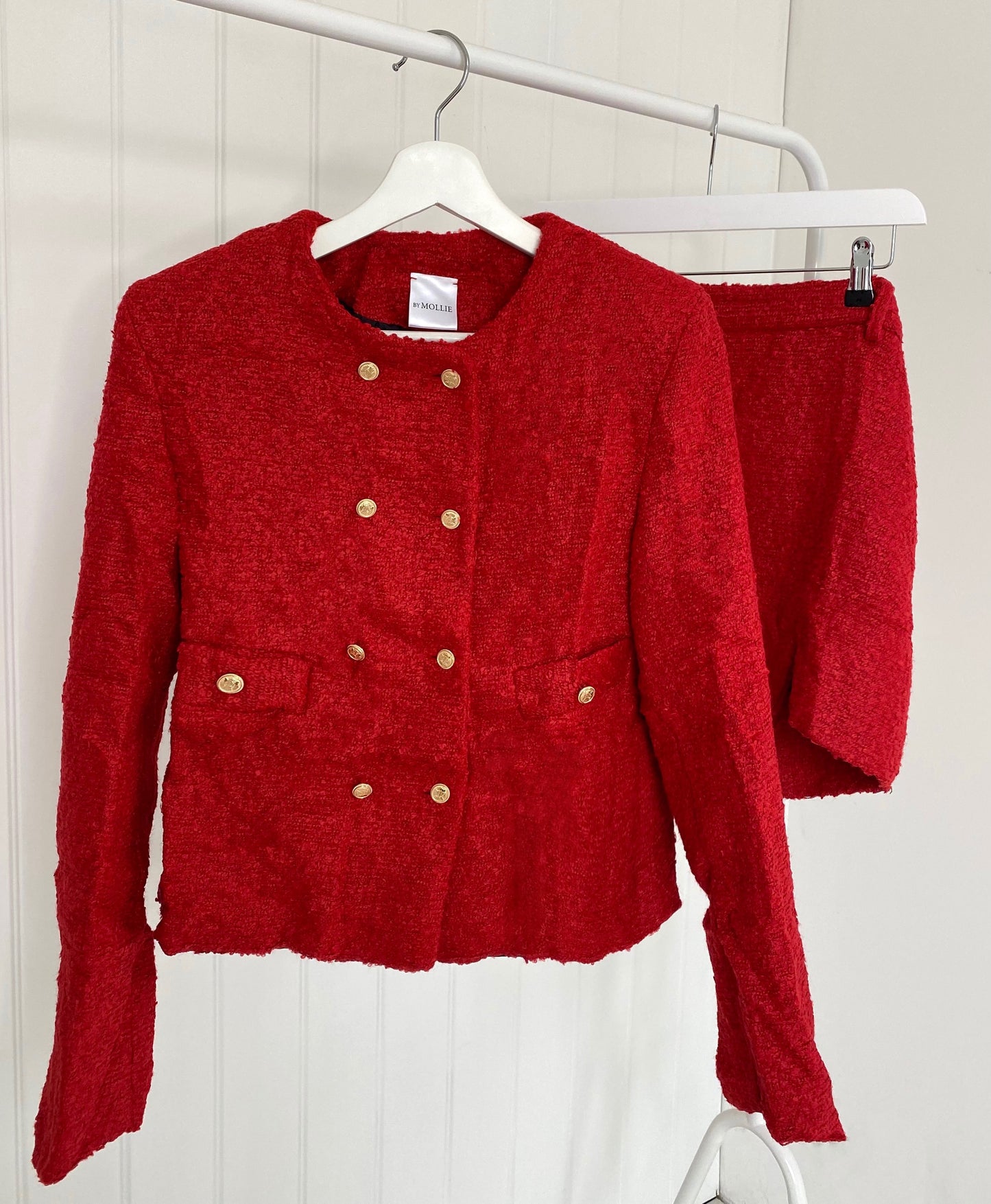 RED TWEED CROP BLAZER AND MINI SKIRT CO-ORD