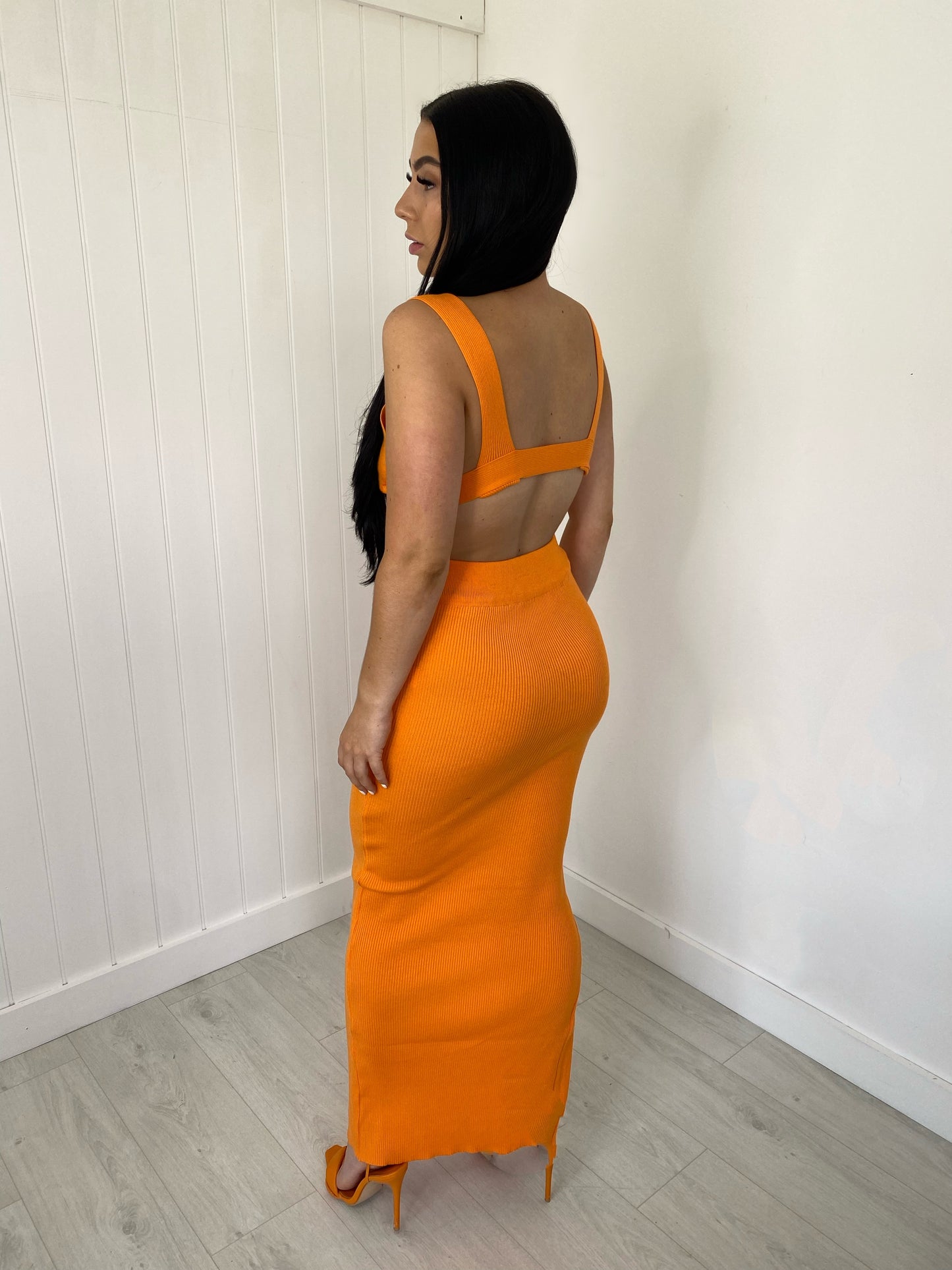 ORANGE KNIT BRALET AND SLIT LEG MAXI SKIRT