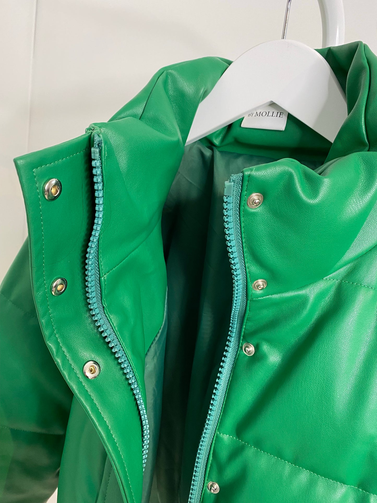 GREEN VEGAN LEATHER PUFFER JACKET