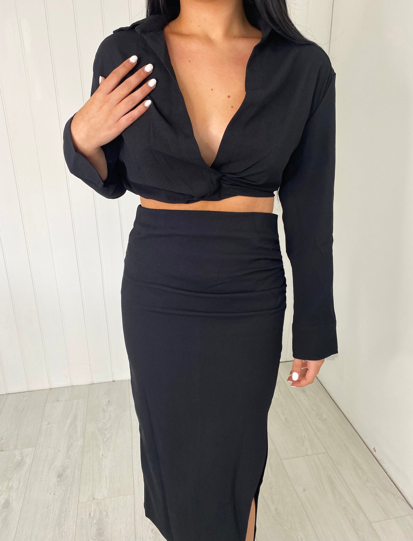 BLACK CROP SHIRT AND SIDE SPLIT MIDI SKIRT CO-ORD