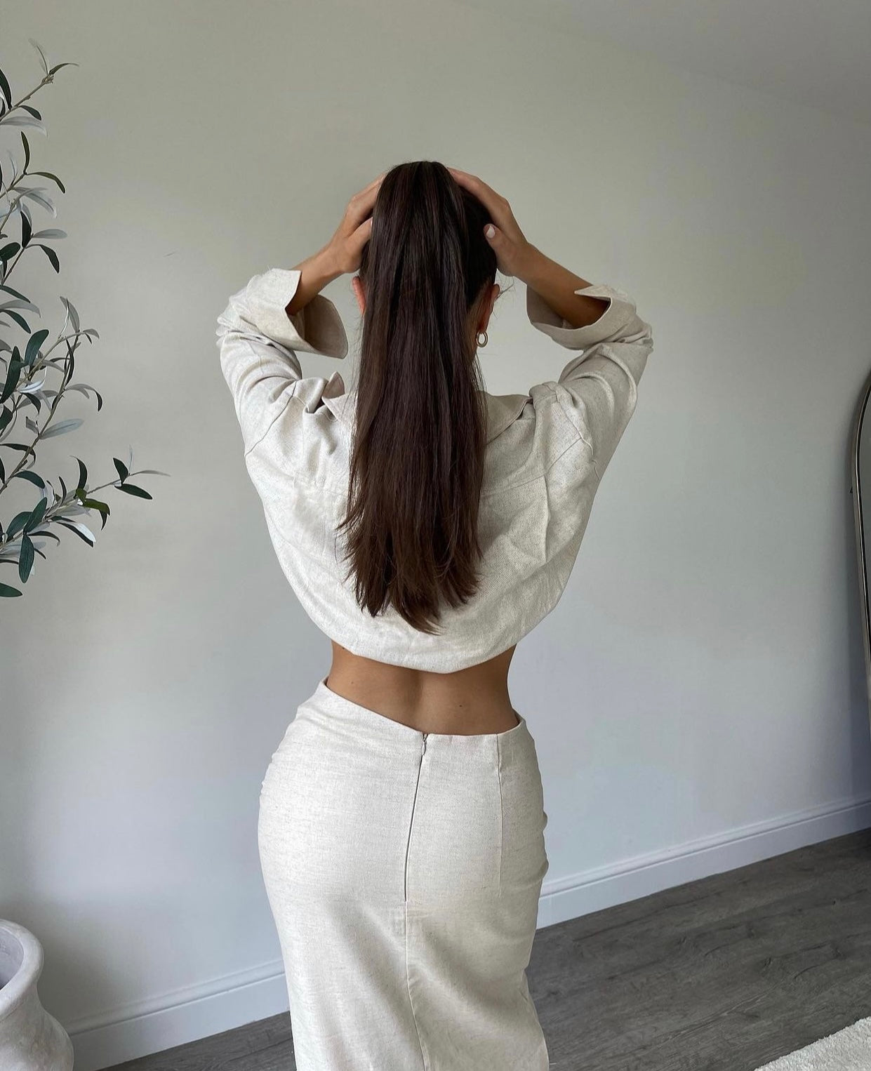 BEIGE LINEN BLEND CROP SHIRT AND SIDE SPLIT MIDI SKIRT CO-ORD