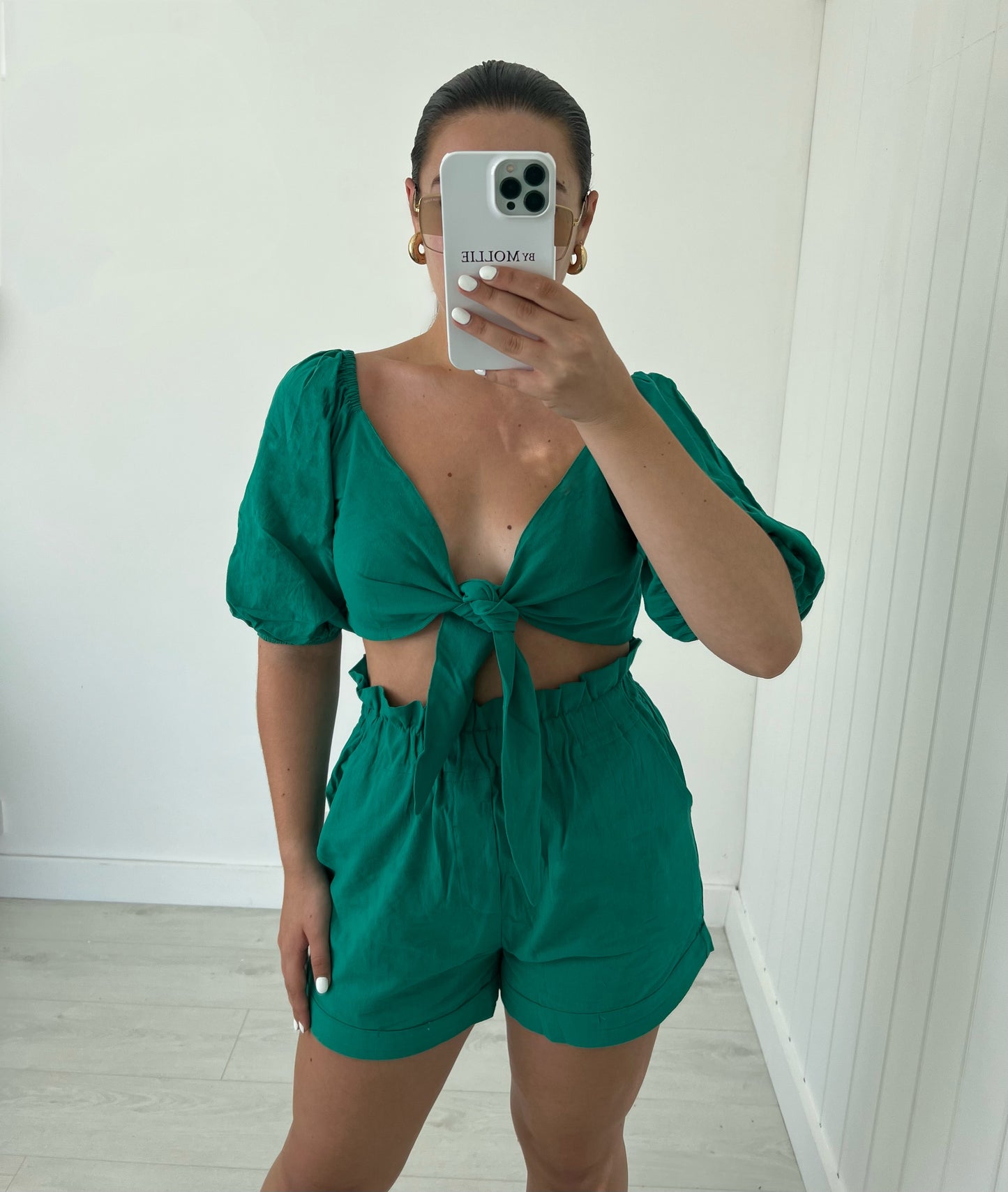 GREEN TIE FRONT CROP BLOUSE AND SHORTS CO-ORD