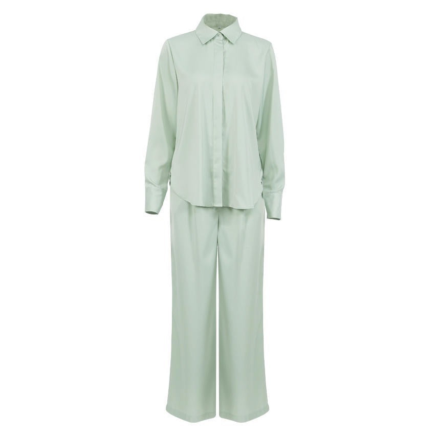 SAGE GREEN SATIN SHIRT AND FLARE TROUSER CO-ORD