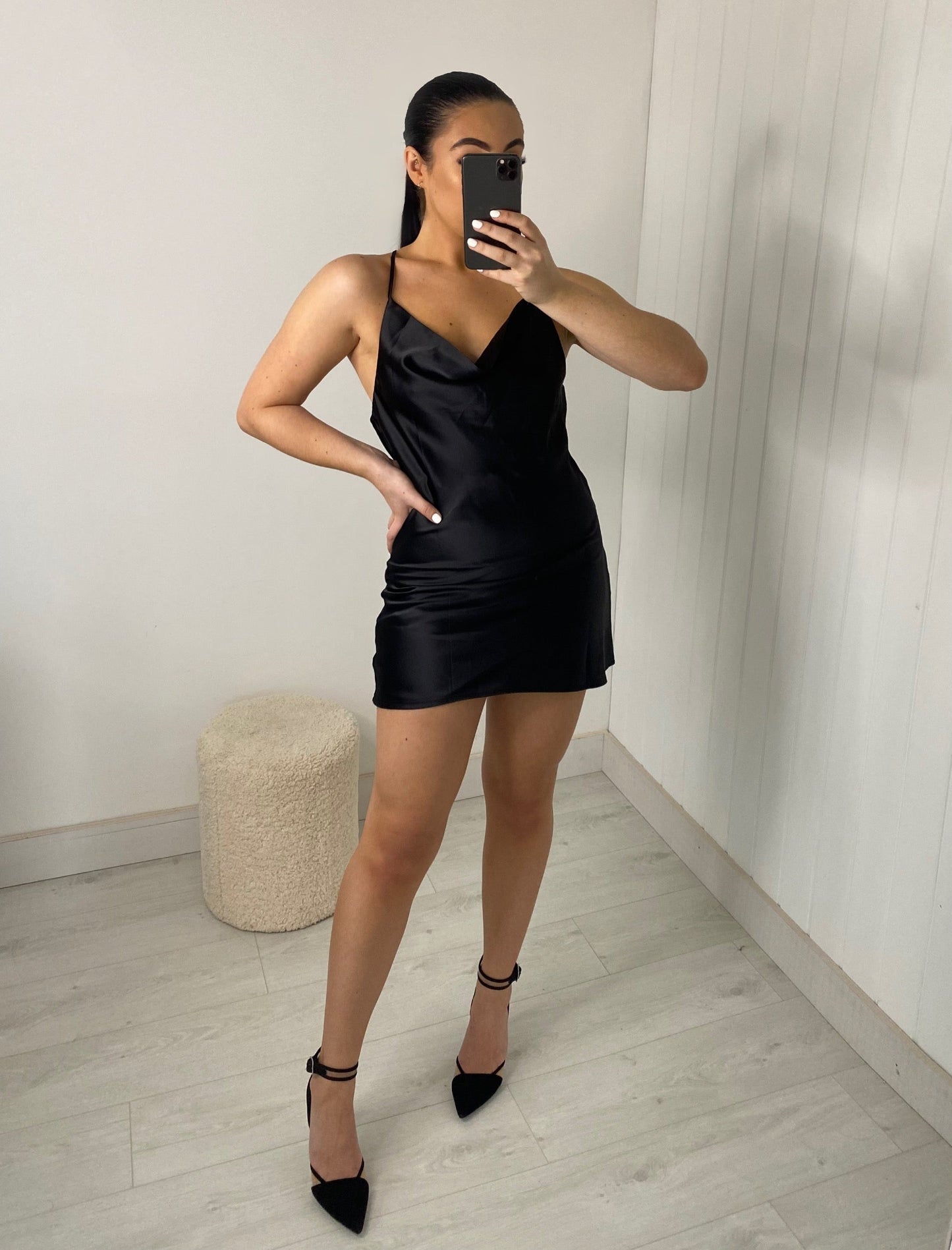BLACK SATIN CROSS BACK MINI DRESS