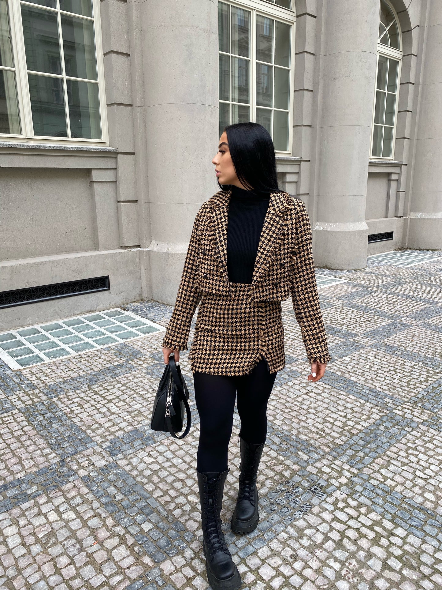 CAMEL AND BLACK TWEED CROP BLAZER AND SIDE SPLIT MINI SKIRT CO-ORD