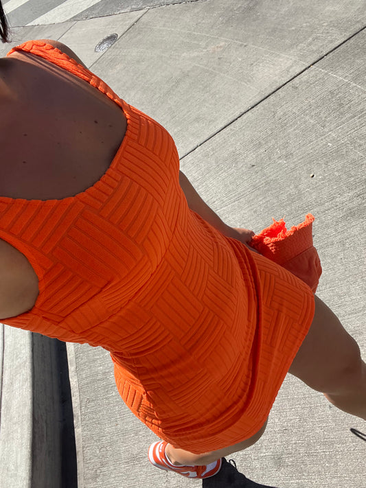 ORANGE TOWELLING BACKLESS MINI DRESS