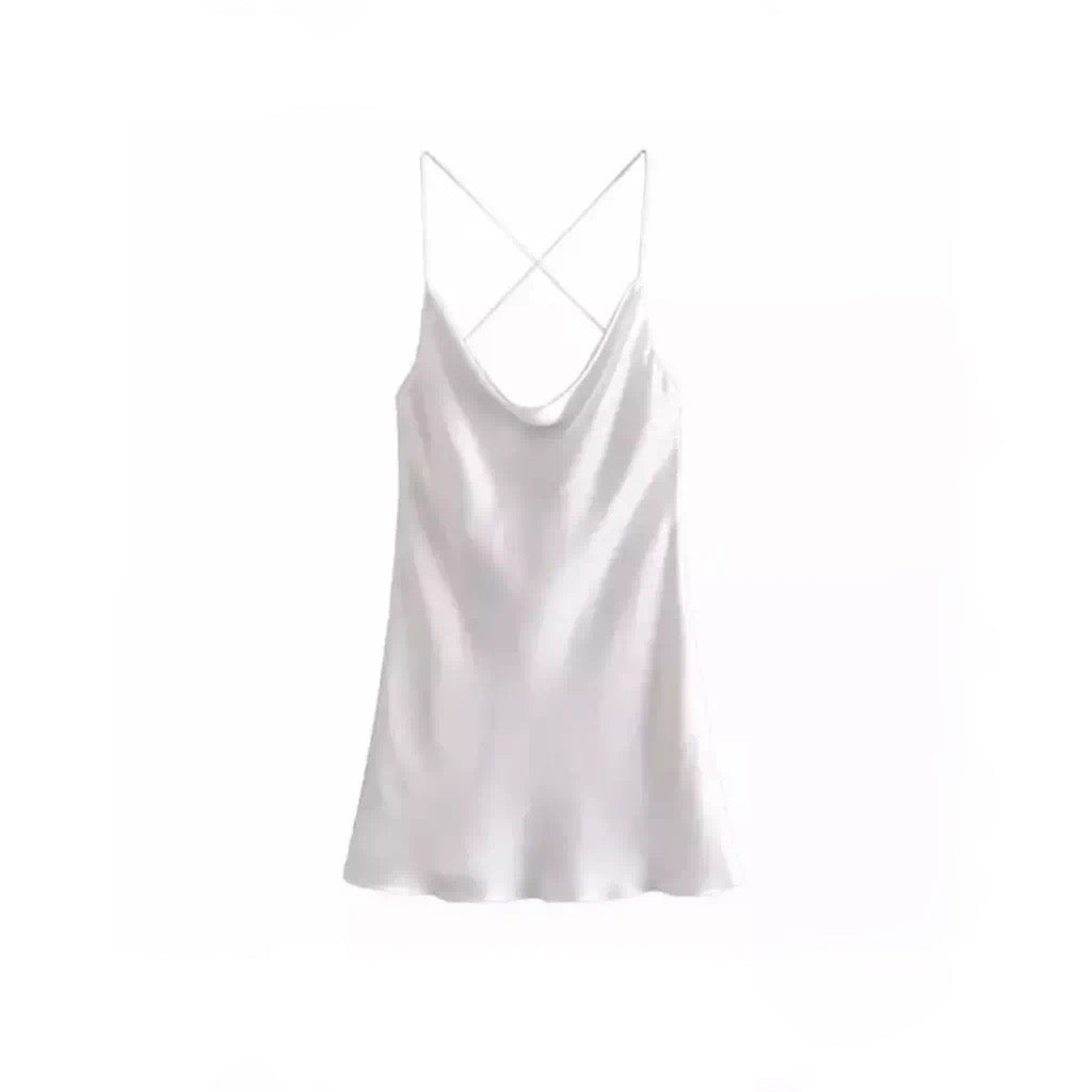 WHITE SATIN CROSS BACK MINI DRESS