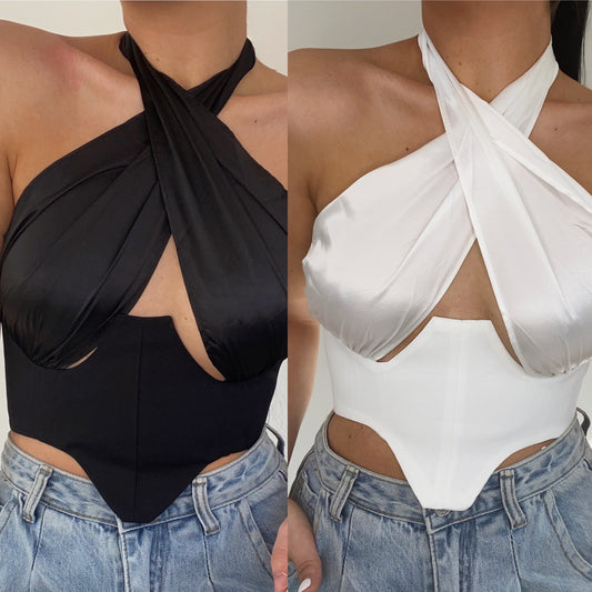 HALTERNECK SATIN CORSET CROP TOP