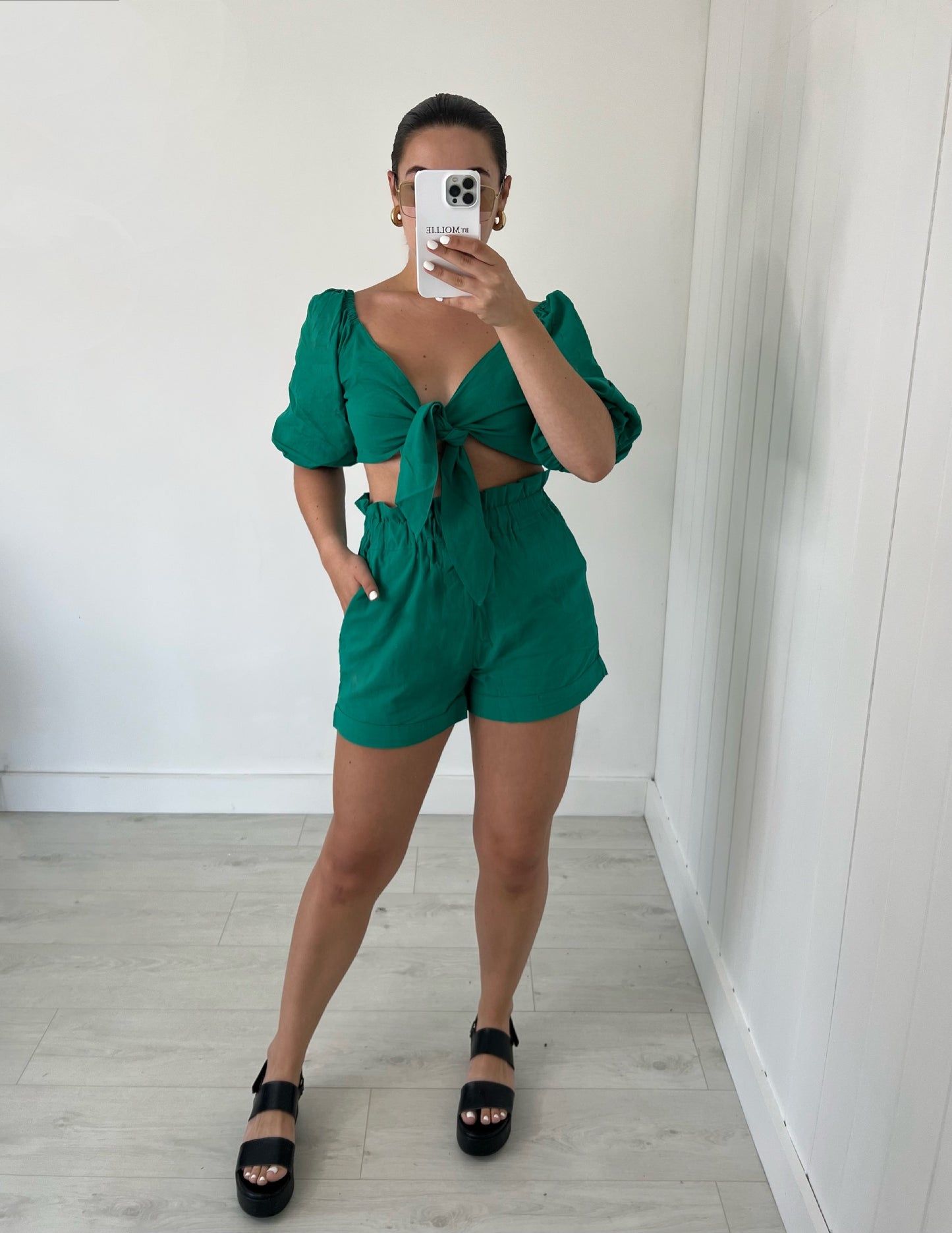 GREEN TIE FRONT CROP BLOUSE AND SHORTS CO-ORD