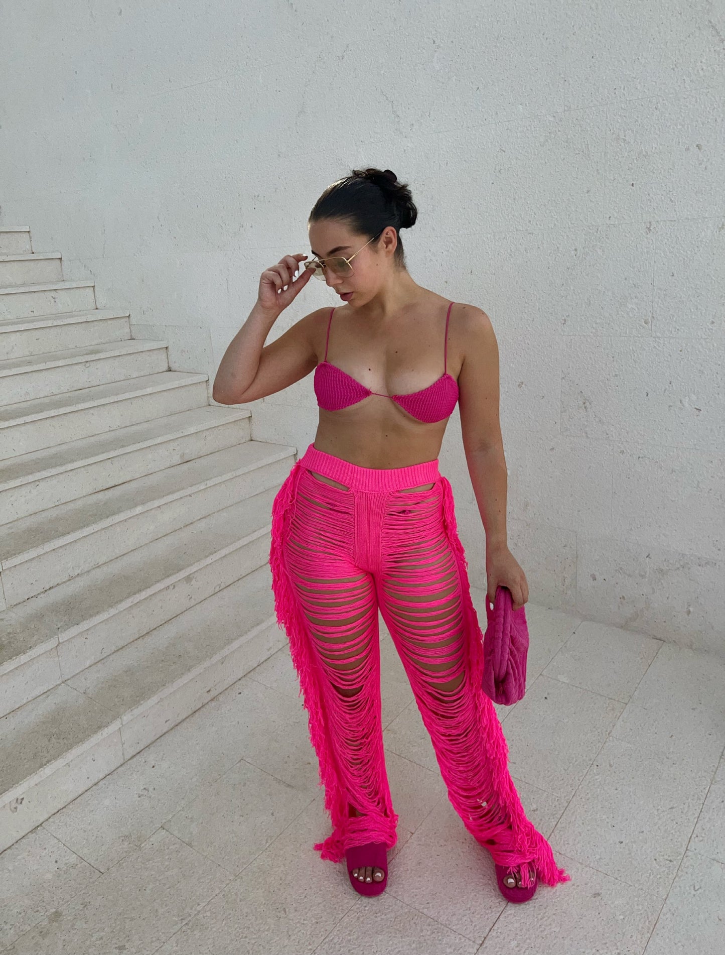 PINK HIGH WAIST DISTRESSED TROUSERS