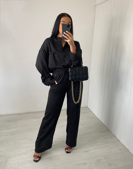 BLACK SATIN OVERSIZED SHIRT AND TROUSER CO-ORD