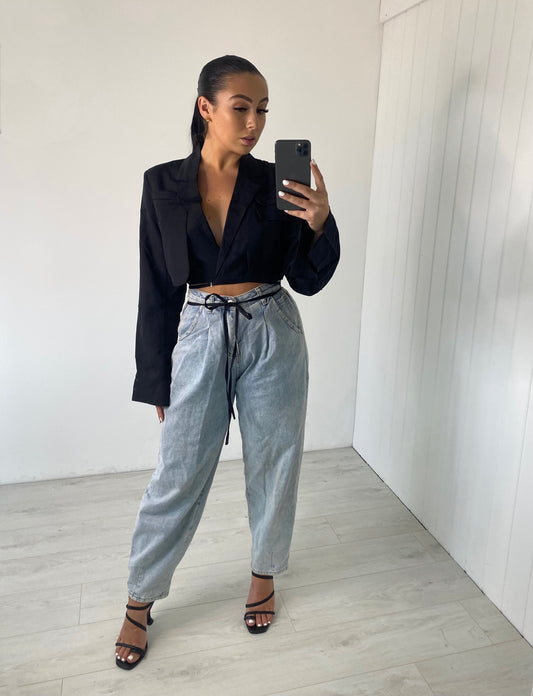 BLACK TIE WAIST CROP BLAZER