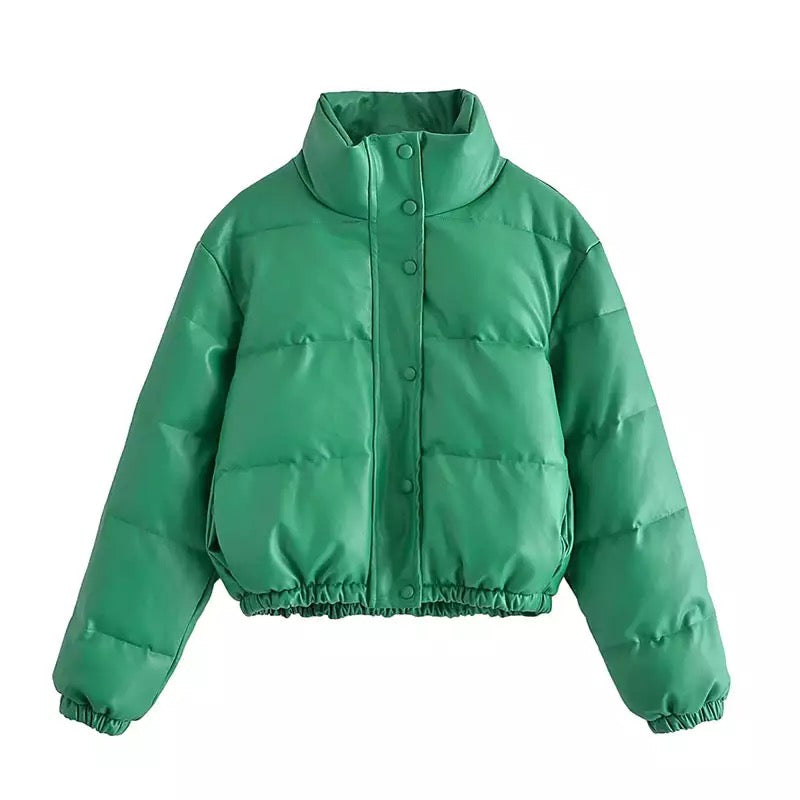 GREEN VEGAN LEATHER PUFFER JACKET