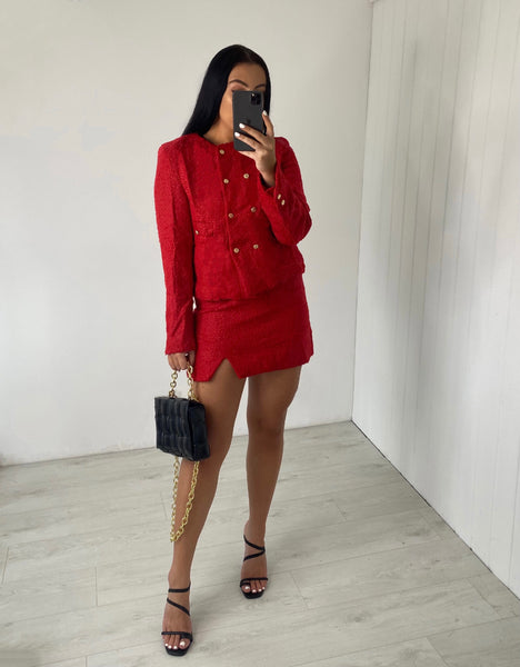 RED TWEED CROP BLAZER AND MINI SKIRT CO-ORD